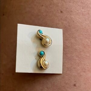 Avon Gold Earrings with Turquoise and Pearl Details